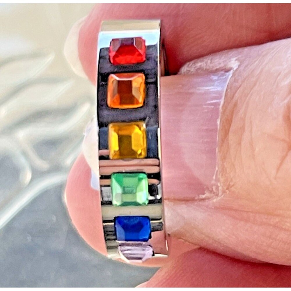 Rainbow LGBTQ Pride Colored Gem Stone Band Ring Stainless Steel Size 7.5 New